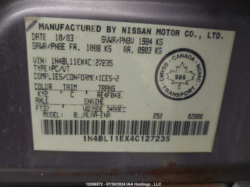 2004 Nissan Altima Se VIN: 1N4BL11EX4C127235 Lot: 12056572