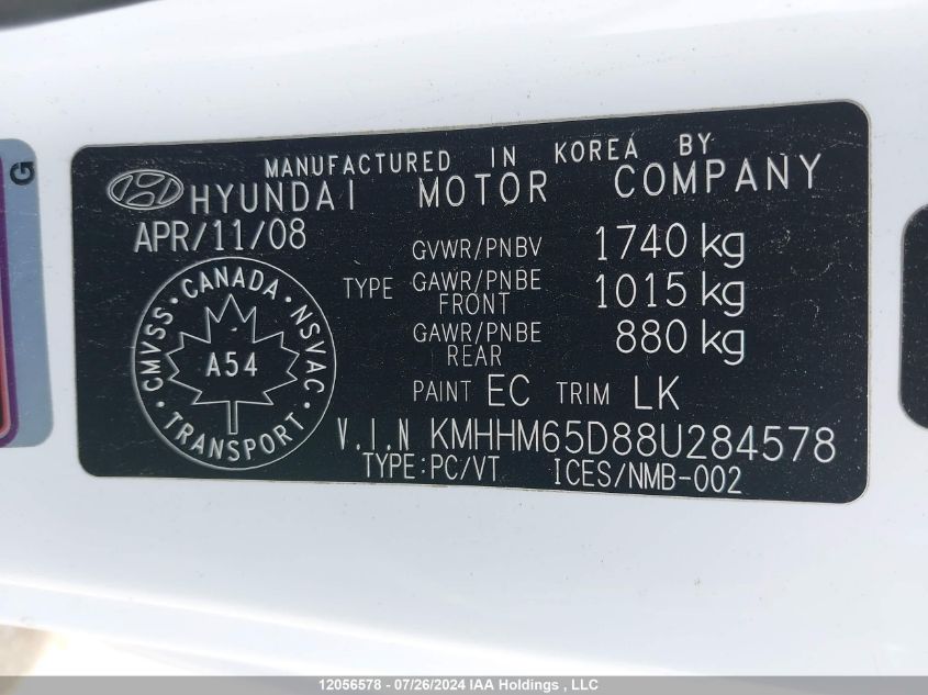 2008 Hyundai Tiburon Gs VIN: KMHHM65D88U284578 Lot: 12056578