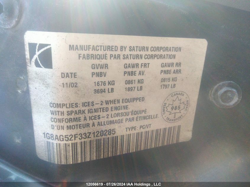 1G8AG52F33Z120285 2003 Saturn Ion Level 1