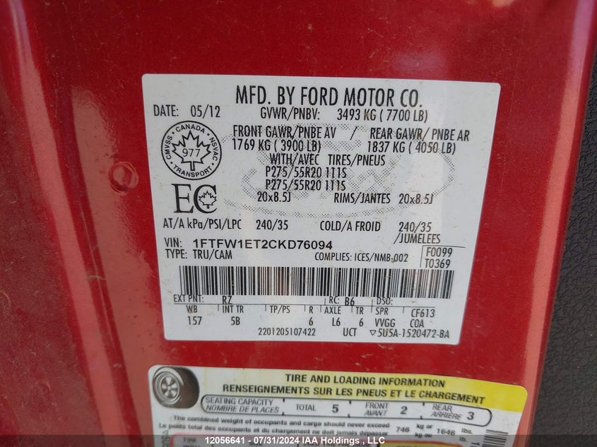 2012 Ford F-150 Fx4 VIN: 1FTFW1ET2CKD76094 Lot: 12056641