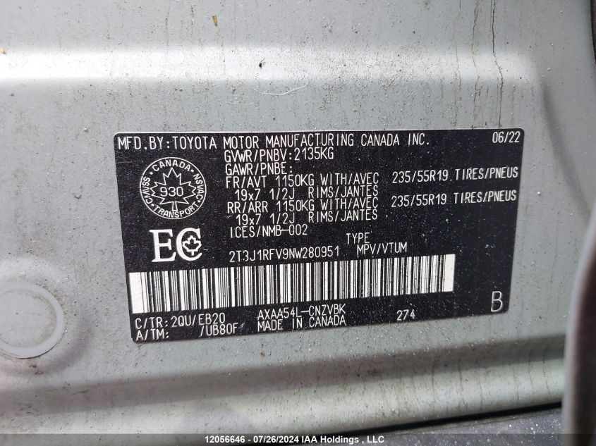 2022 Toyota Rav4 Trail VIN: 2T3J1RFV9NW280951 Lot: 12056646