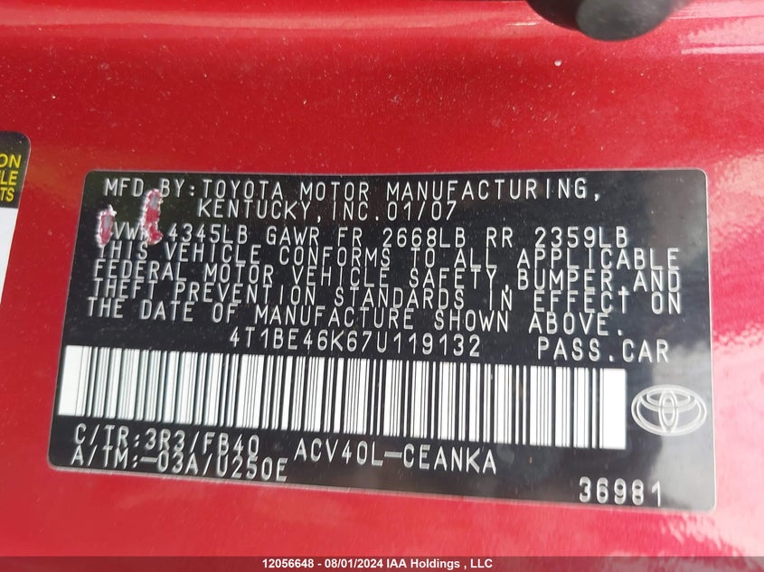 2007 Toyota Camry Le VIN: 4T1BE46K67U119132 Lot: 12056648