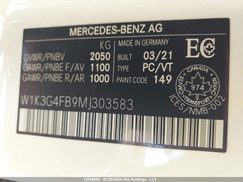 2021 Mercedes-Benz A-Class VIN: W1K3G4FB9MJ303583 Lot: 12056655