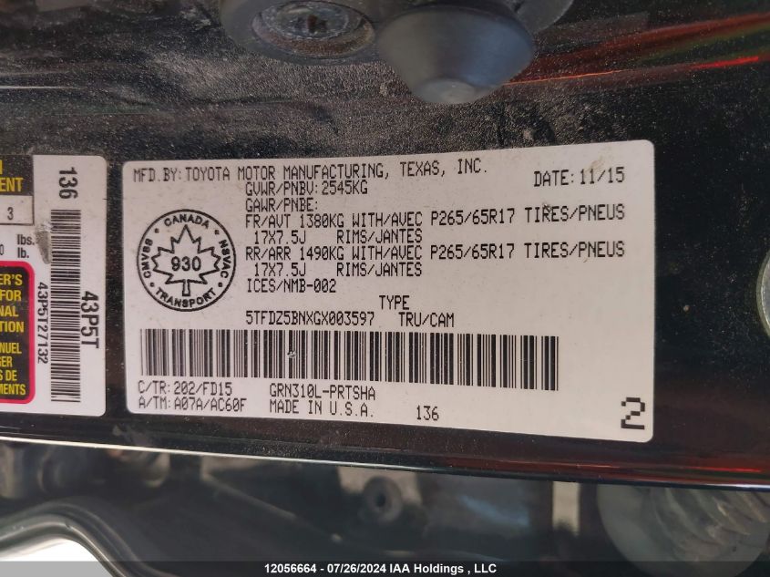 2016 Toyota Tacoma Dbl Cab/Sr5/Trd Sport/Or VIN: 5TFDZ5BNXGX003597 Lot: 12056664