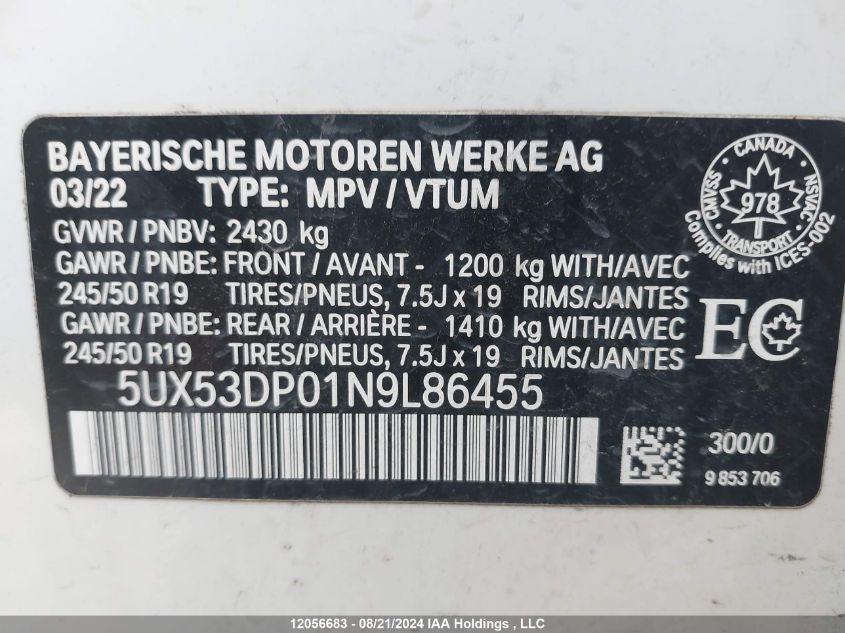 2022 BMW X3 VIN: 5UX53DP01N9L86455 Lot: 12056683