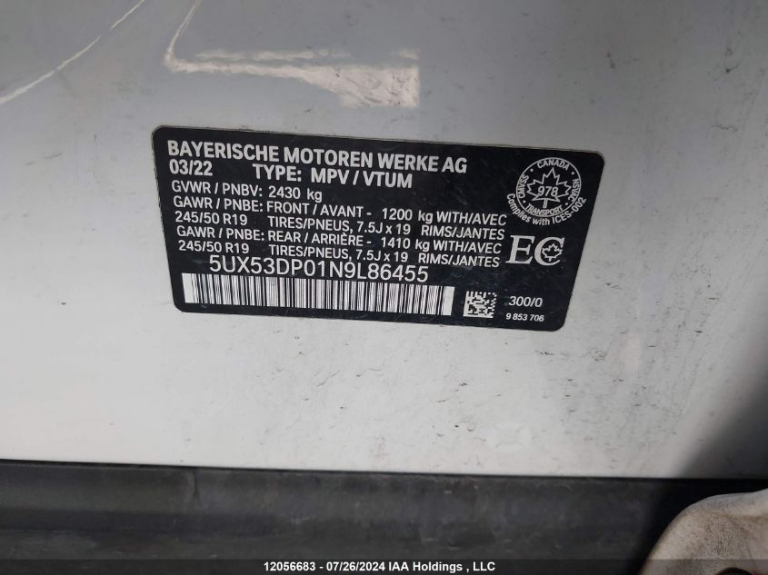 2022 BMW X3 VIN: 5UX53DP01N9L86455 Lot: 12056683