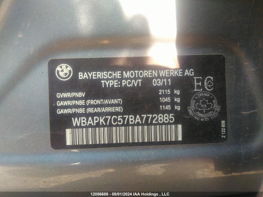 2011 BMW 3 Series VIN: WBAPK7C57BA772885 Lot: 12056688