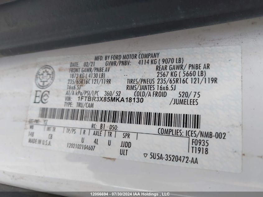 2021 Ford Transit T-250 VIN: 1FTBR3X85MKA18130 Lot: 12056694