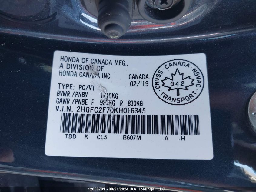 2019 Honda Civic Ex VIN: 2HGFC2F70KH016345 Lot: 12056701