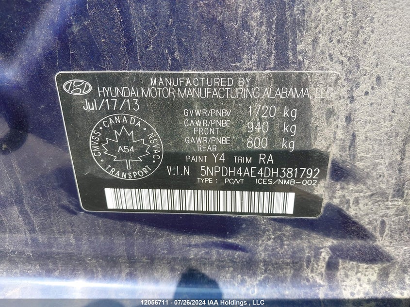 2013 Hyundai Elantra Gls/Limited VIN: 5NPDH4AE4DH381792 Lot: 12056711