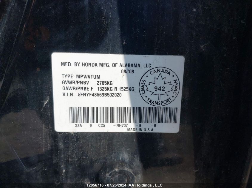 2009 Honda Pilot VIN: 5FNYF48569B502020 Lot: 12056716