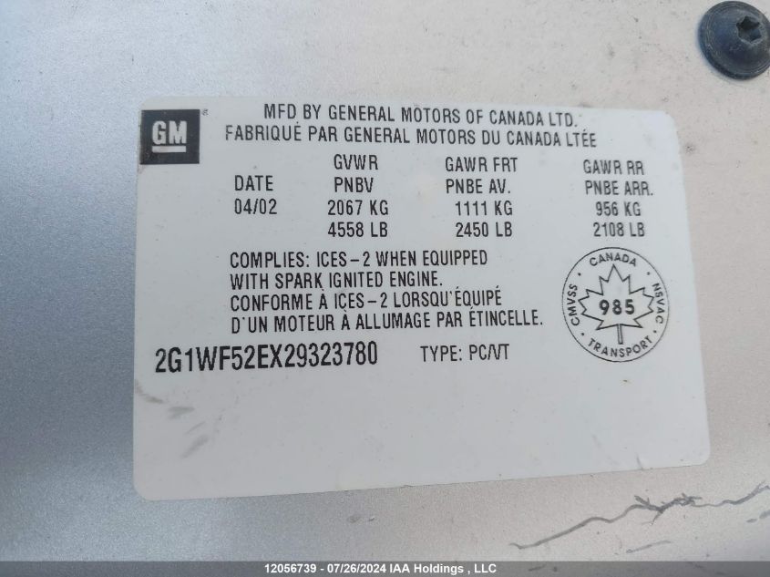 2002 Chevrolet Impala VIN: 2G1WF52EX29323780 Lot: 12056739