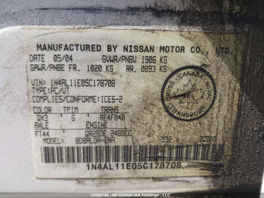 2005 Nissan Altima 2.5 S VIN: 1N4AL11E05C178708 Lot: 12056744