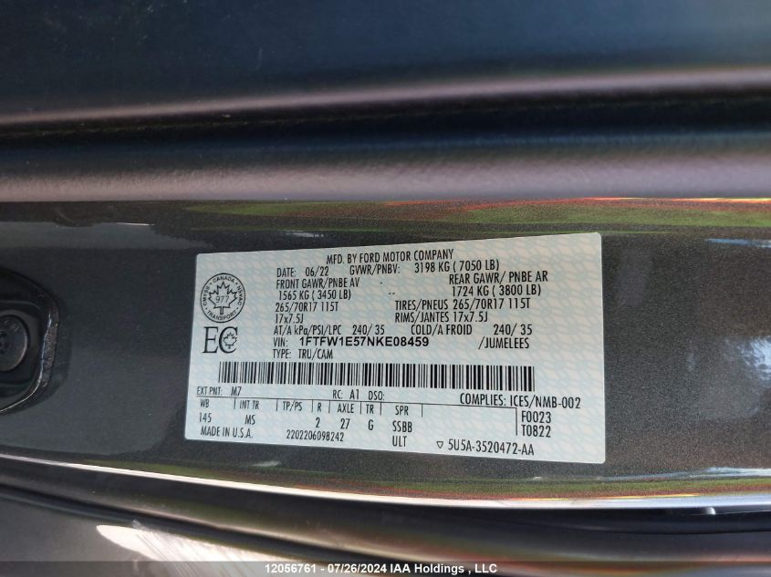 2022 Ford F150 Supercrew VIN: 1FTFW1E57NKE08459 Lot: 12056761