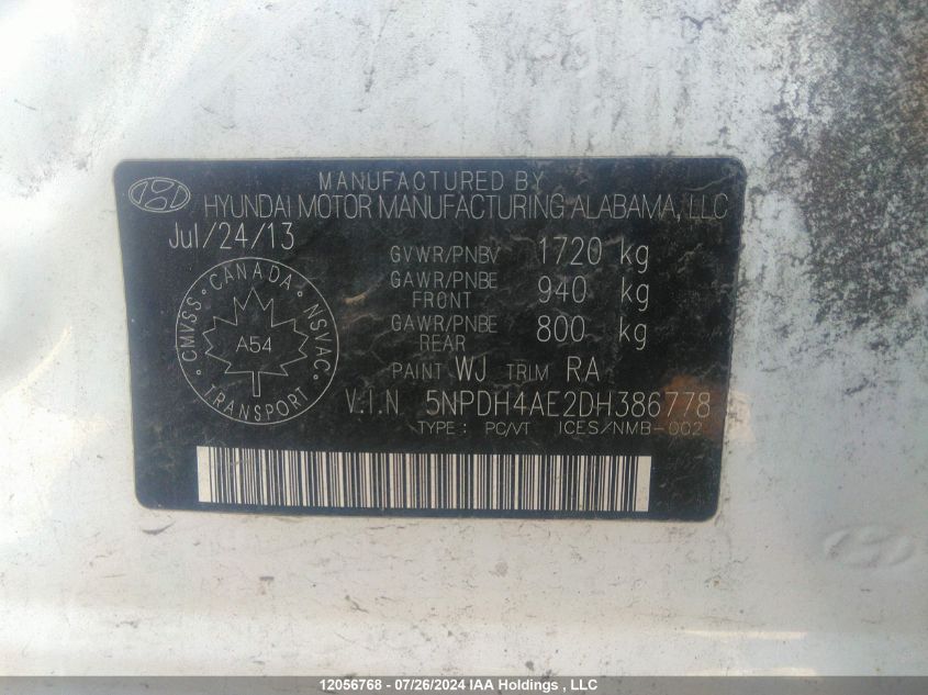 2013 Hyundai Elantra L VIN: 5NPDH4AE2DH386778 Lot: 12056768