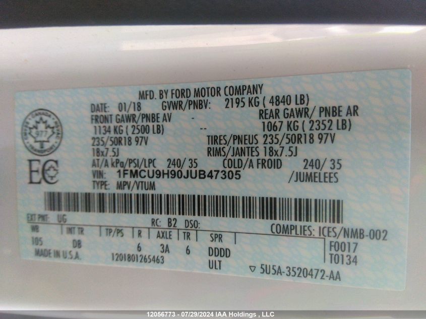 2018 Ford Escape VIN: 1FMCU9H90JUB47305 Lot: 12056773