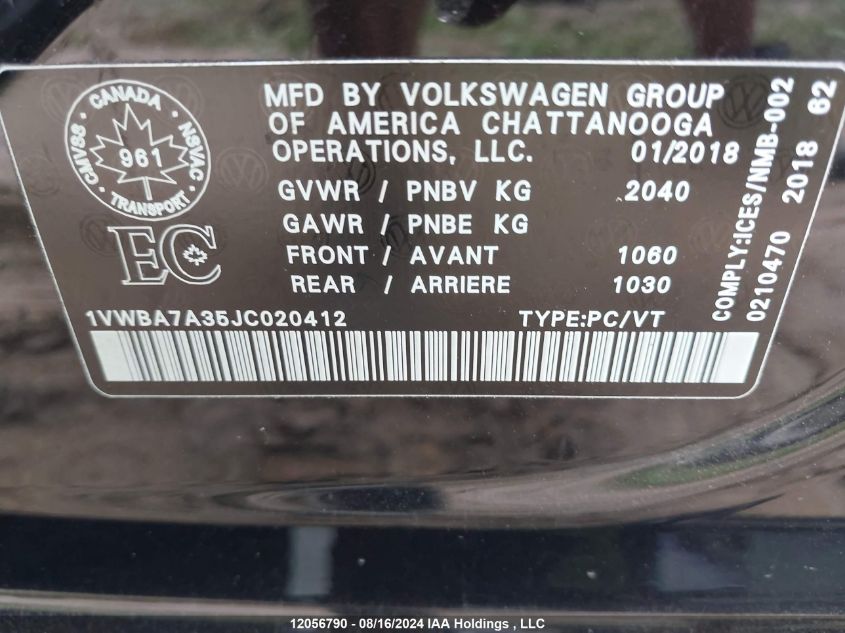 2018 Volkswagen Passat Se VIN: 1VWBA7A35JC020412 Lot: 12056790