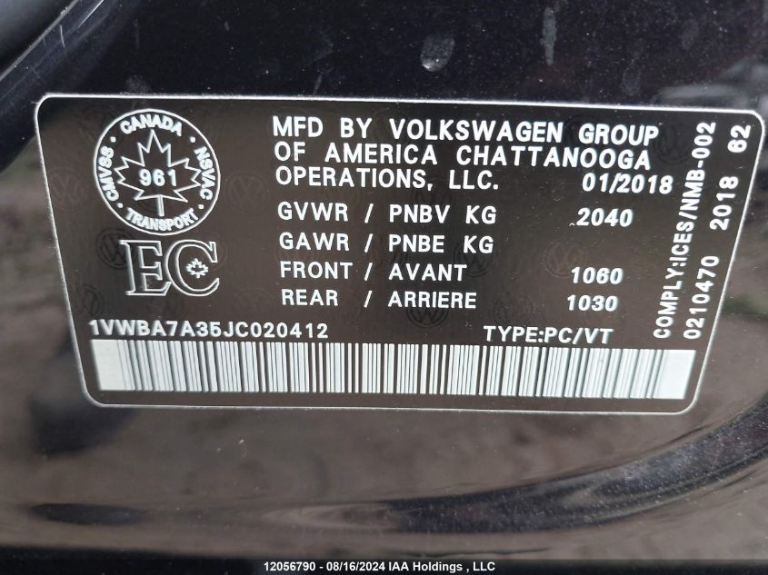 2018 Volkswagen Passat Se VIN: 1VWBA7A35JC020412 Lot: 12056790