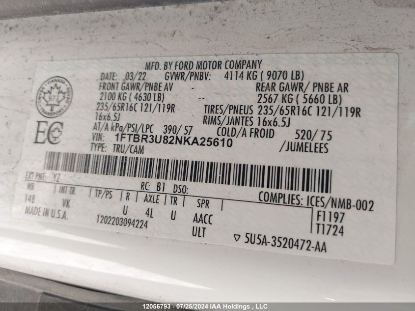 2022 Ford Transit T-250 VIN: 1FTBR3U82NKA25610 Lot: 12056793