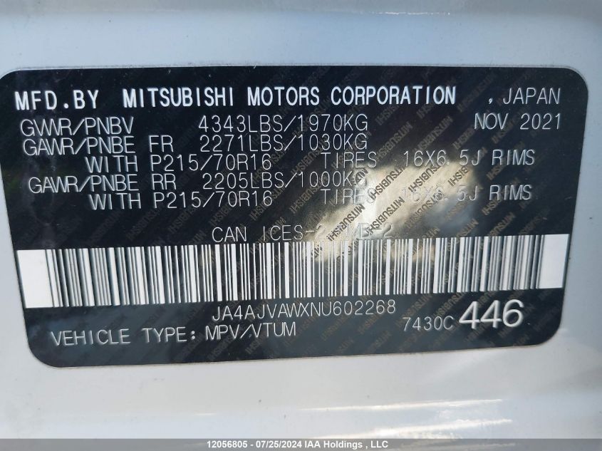 2022 Mitsubishi Rvr VIN: JA4AJVAWXNU602268 Lot: 12056805