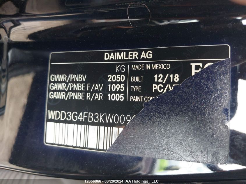 2019 Mercedes-Benz A-Class VIN: WDD3G4FB3KW009094 Lot: 12056866