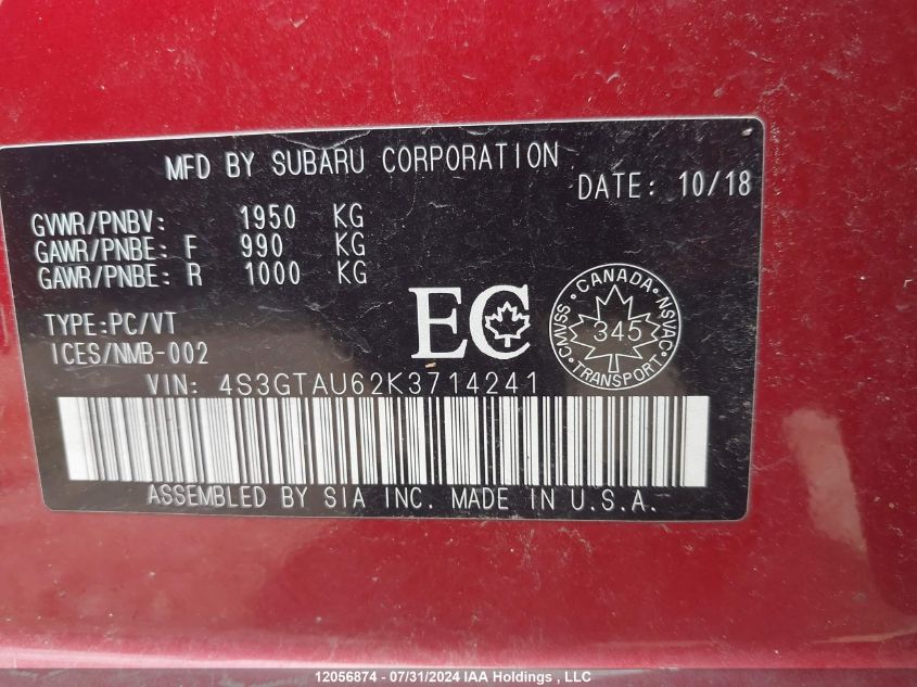 2019 Subaru Impreza VIN: 4S3GTAU62K3714241 Lot: 12056874