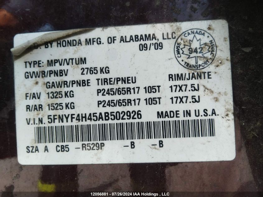 2010 Honda Pilot VIN: 5FNYF4H45AB502926 Lot: 12056881
