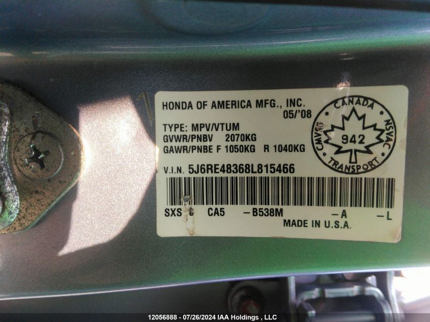 2008 Honda Cr-V VIN: 5J6RE48368L815466 Lot: 12056888