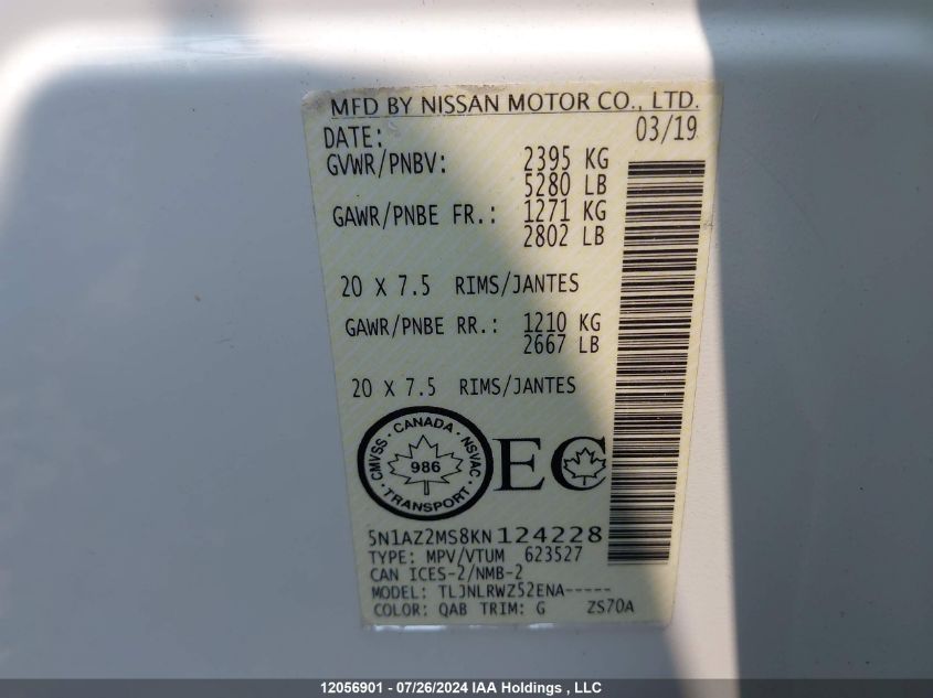 2019 Nissan Murano VIN: 5N1AZ2MS8KN124228 Lot: 12056901