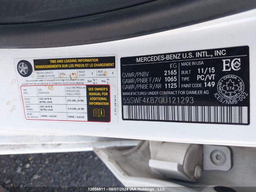 2016 Mercedes-Benz C-Class VIN: 55SWF4KB7GU121293 Lot: 12056911