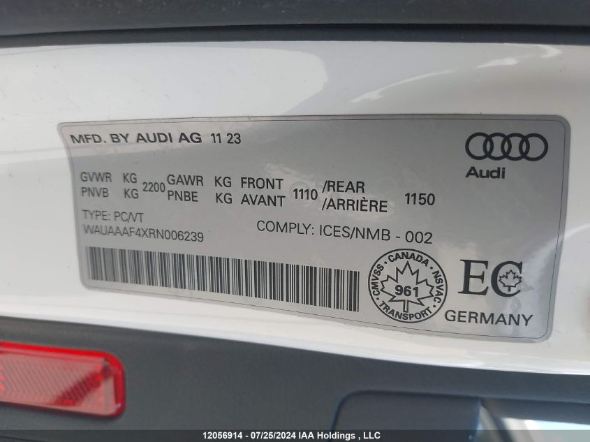 2024 Audi A4 Sedan VIN: WAUAAAF4XRN006239 Lot: 12056914