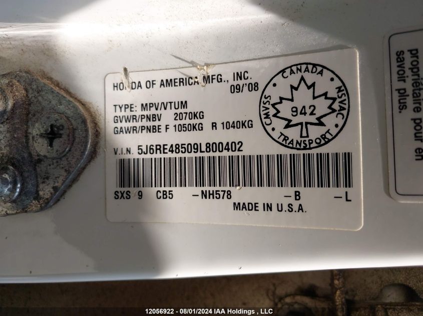 2009 Honda Cr-V VIN: 5J6RE48509L800402 Lot: 12056922