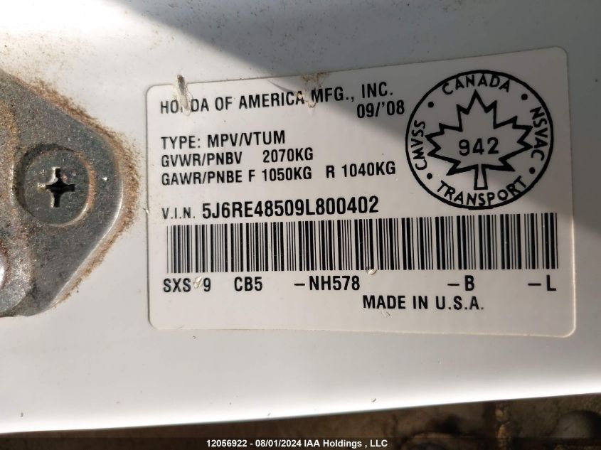 2009 Honda Cr-V VIN: 5J6RE48509L800402 Lot: 12056922