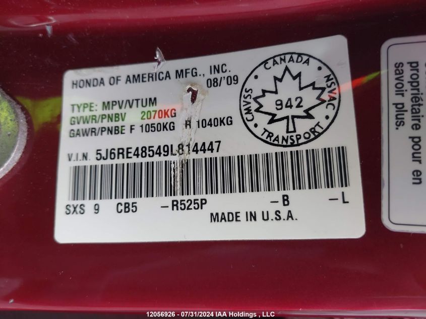 2009 Honda Cr-V VIN: 5J6RE48549L814447 Lot: 12056926