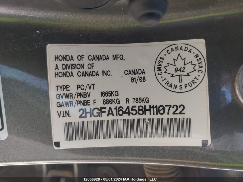 2008 Honda Civic Sdn VIN: 2HGFA16458H110722 Lot: 12056928