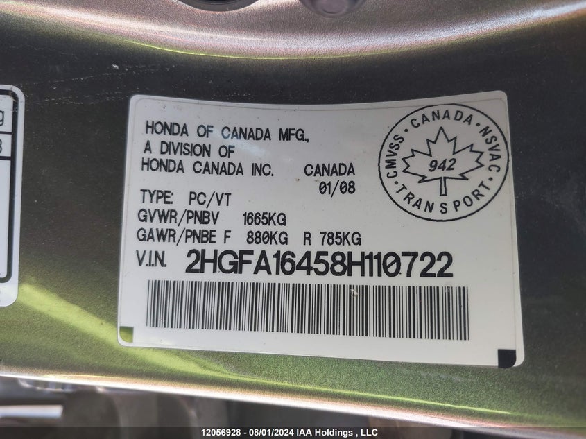 2008 Honda Civic Sdn VIN: 2HGFA16458H110722 Lot: 12056928