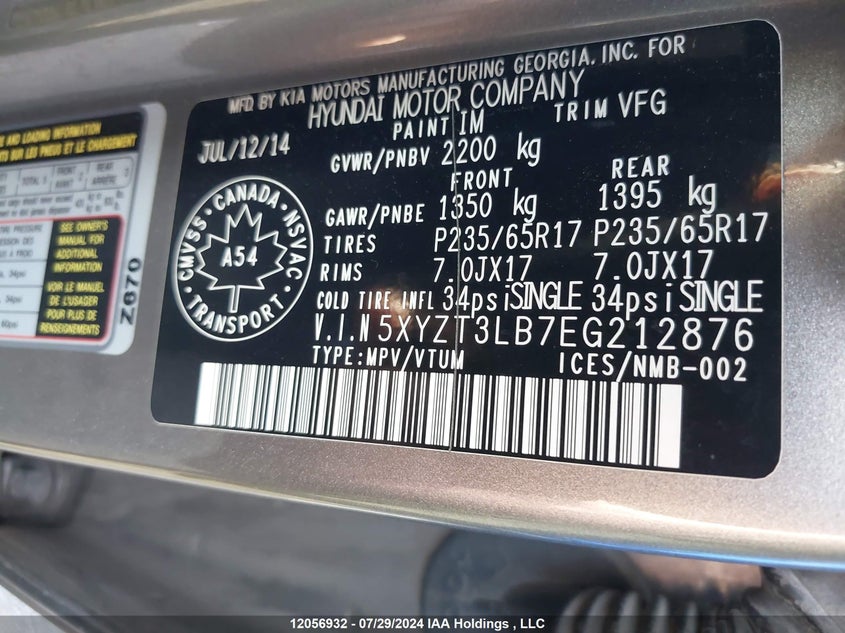 2014 Hyundai Santa Fe Sport 2.4 Base VIN: 5XYZT3LB7EG212876 Lot: 12056932