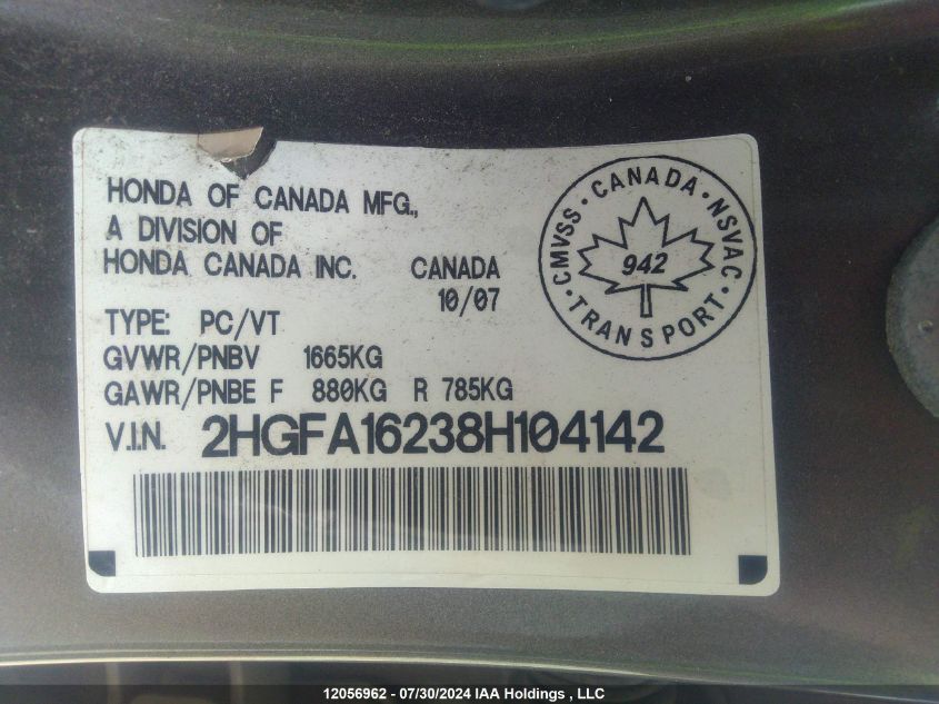 2008 Honda Civic VIN: 2HGFA16238H104142 Lot: 12056962