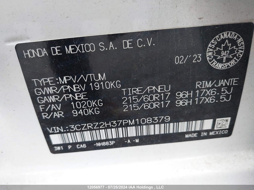 2023 Honda Hr-V VIN: 3CZRZ2H37PM108379 Lot: 12056977