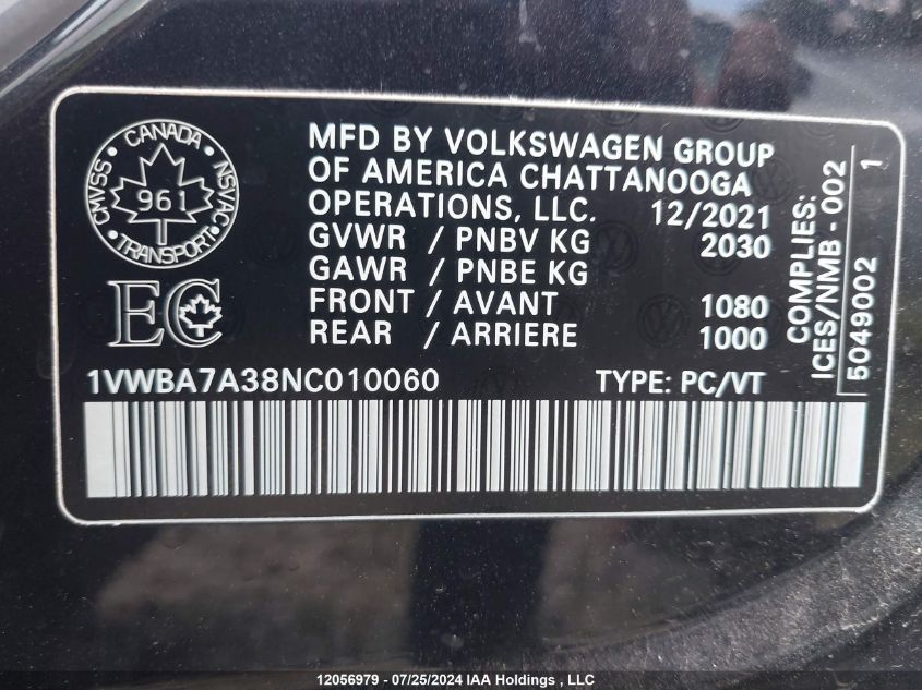 2022 Volkswagen Passat 2.0T Limited Edition VIN: 1VWBA7A38NC010060 Lot: 12056979