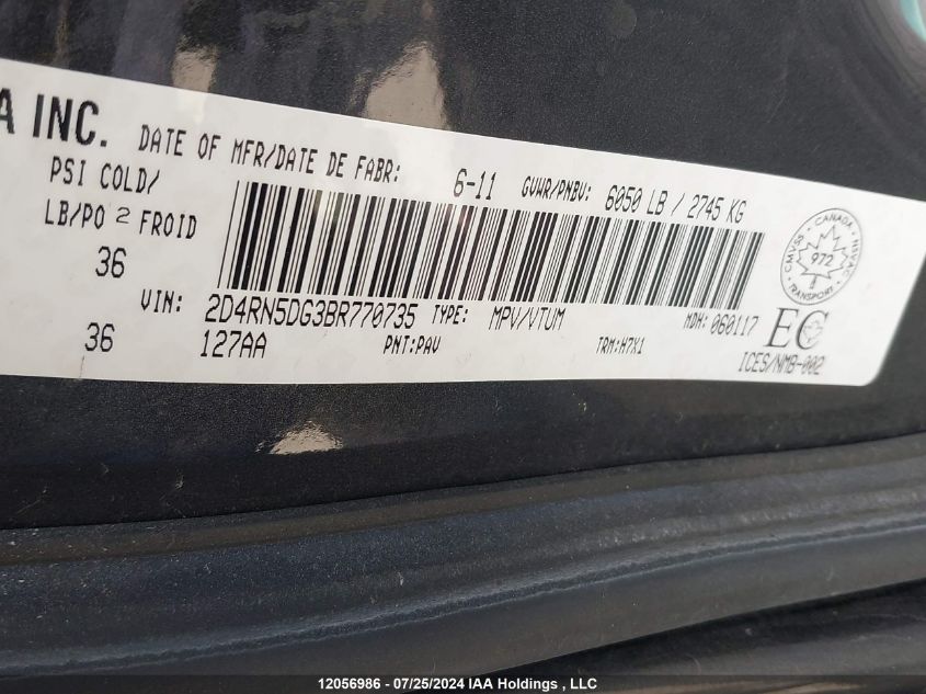 2011 Dodge Grand Caravan Crew VIN: 2D4RN5DG3BR770735 Lot: 12056986