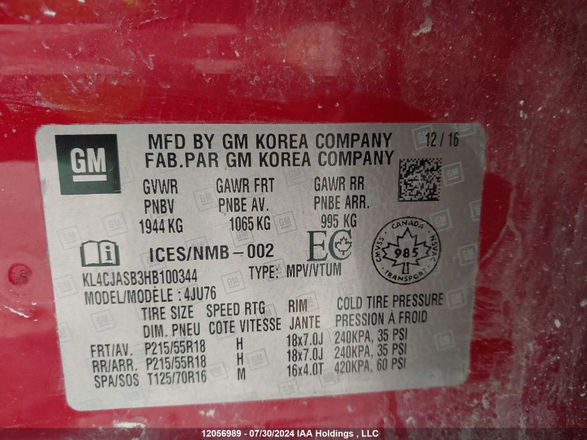 2017 Buick Encore VIN: KL4CJASB3HB100344 Lot: 12056989