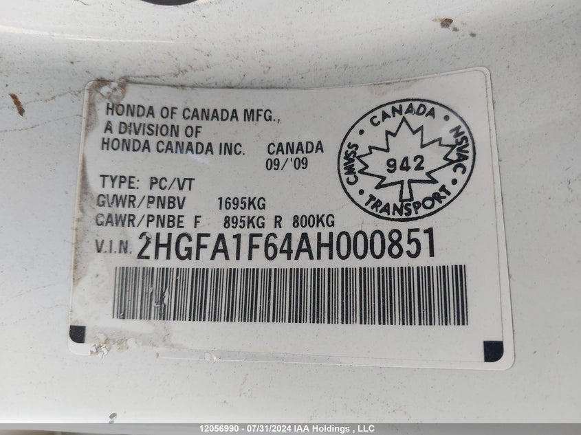 2010 Honda Civic Sdn VIN: 2HGFA1F64AH000851 Lot: 12056990