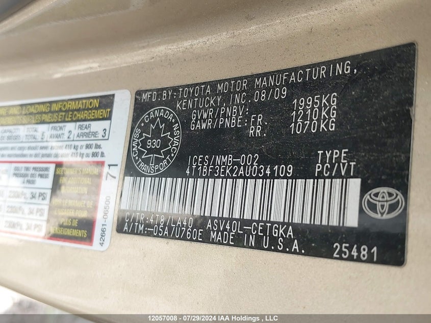 2010 Toyota Camry VIN: 4T1BF3EK2AU034109 Lot: 12057008