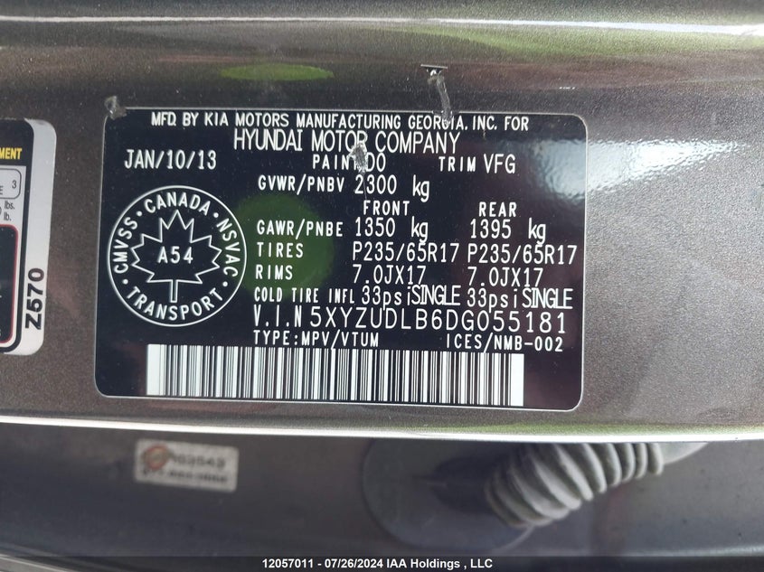 2013 Hyundai Santa Fe Sport VIN: 5XYZUDLB6DG055181 Lot: 12057011