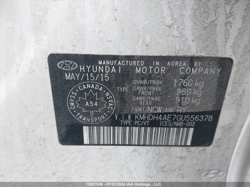 2016 Hyundai Elantra Sport Appearance VIN: KMHDH4AE7GU556378 Lot: 12057030