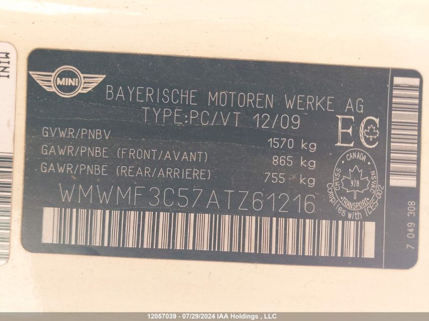 2010 Mini Cooper Hardtop VIN: WMWMF3C57ATZ61216 Lot: 12057039