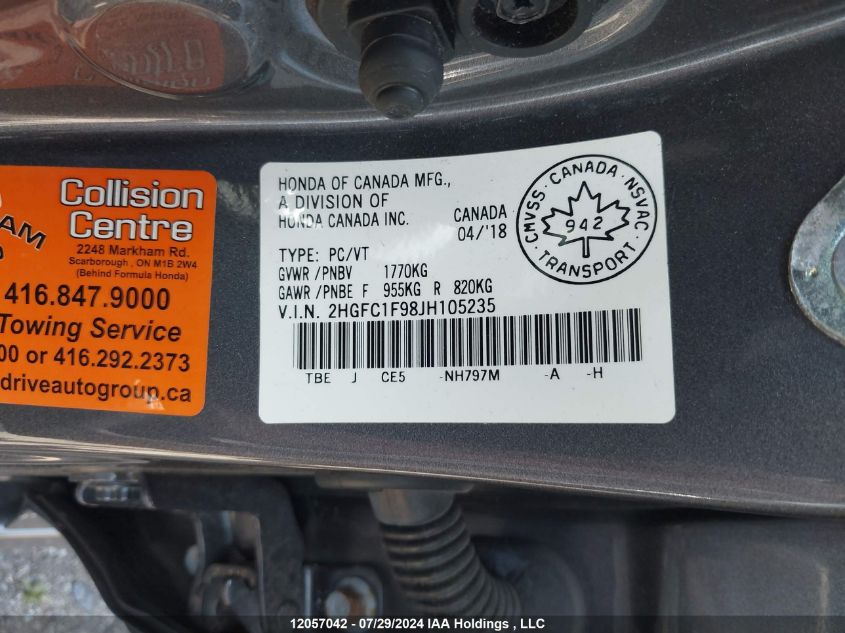 2018 Honda Civic Touring VIN: 2HGFC1F98JH105235 Lot: 12057042