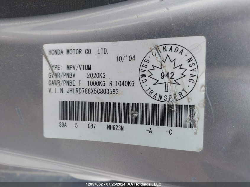 2005 Honda Cr-V VIN: JHLRD788X5C803583 Lot: 12057052