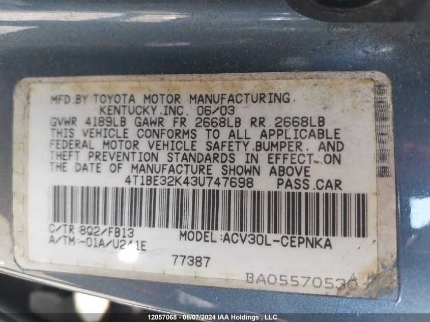 2003 Toyota Camry VIN: 4T1BE32K43U747698 Lot: 12057068